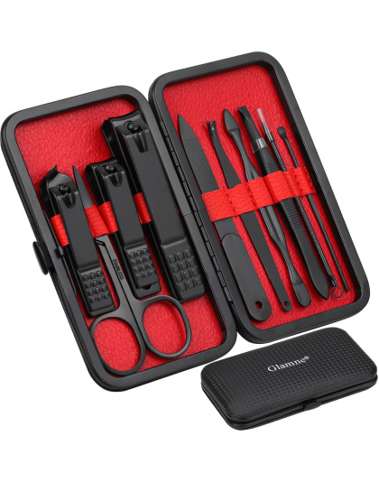 Manicure Set Nail Clippers Kit Professional Stainless Steel Nail Care Tools with Leather Travel Case 10 in 1 Black/Red
