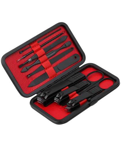 Manicure Set Nail Clippers Kit Professional Stainless Steel Nail Care Tools with Leather Travel Case 10 in 1 Black/Red