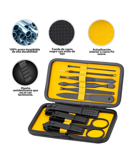 Manicure Set Nail Clippers Kit Professional Stainless Steel Nail Care Tools with Leather Travel Case 10 in 1 Black/Yellow