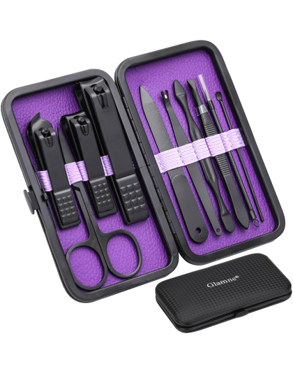 Manicure Set Nail Clippers Kit Professional Stainless Steel Nail Care Tools with Leather Travel Case 10 in 1 Black/Purple