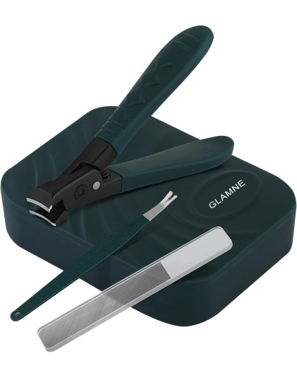 Nail Clippers for Thick Nails with Catcher, Wide Jaw Fingernail and Toenail Cutter for Seniors with Crystal Nail File Cuticle Fork and Storage Case (Dark Green)